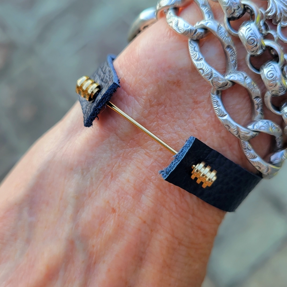 Gold Barbell Navy Leather Bracelet